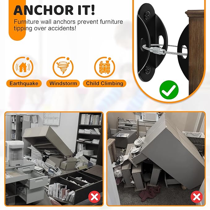 10 Pack Furniture Wall Anchors for Baby Proofing, Anti Tip Furniture Anchors, Secure 400 Pound Furniture, Dresser, Bookcase to Wall Prevent Falling, Earthquake Straps for Child Safety (Black)-BubblyBeeBaby