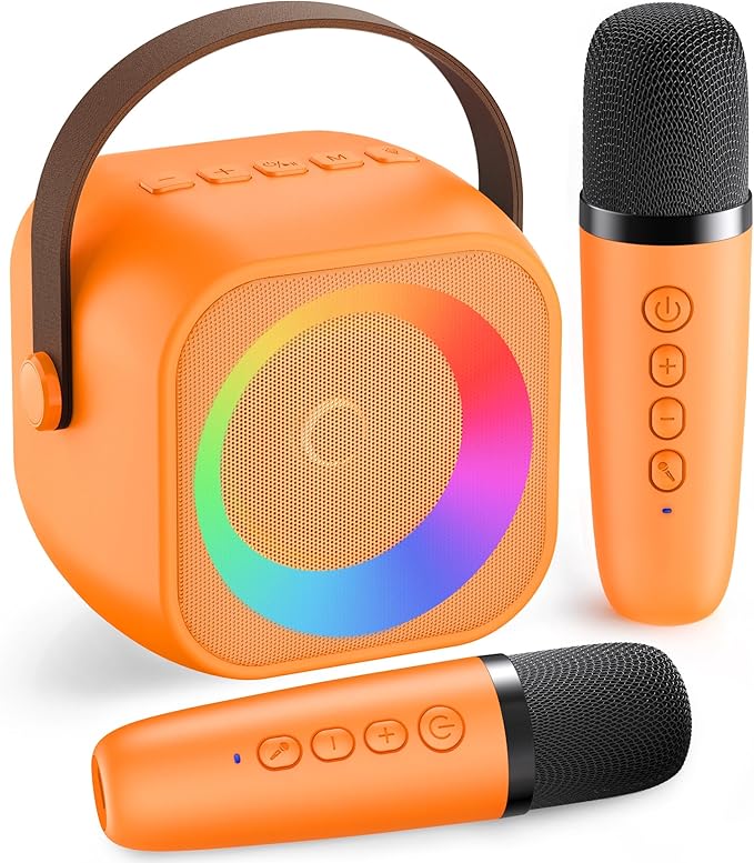 Karaoke Machine for Kids Adults: Mini Portable Karaoke Machine with 2 Wireless Microphones and Lights, Christmas Birthday Gifts for Girls Boys Family Home Party(Orange)-BubblyBeeBaby