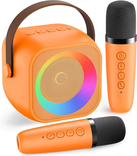 Karaoke Machine for Kids Adults: Mini Portable Karaoke Machine with 2 Wireless Microphones and Lights, Christmas Birthday Gifts for Girls Boys Family Home Party(Orange)-BubblyBeeBaby