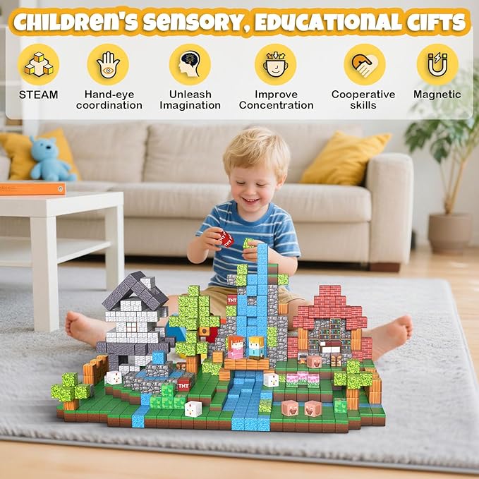 150PCS Magnetic Building Blocks, 1 Inch Magnetic Cubes for Kids Ages 3-8, STEM Montessori Toys, Creative Construction & Stacking Toys, Educational Magnetic Blocks for Boys & Girls-BubblyBeeBaby