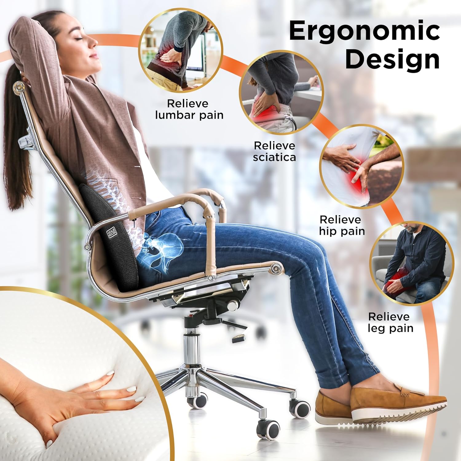BLACK+DECKER Cooling Gel Lumbar Memory Foam Cushion – Ergonomic Back Support Travel Pillow with Ventilated Mesh, Adjustable Strap, Slow Rebound Memory Foam, Washable Cover