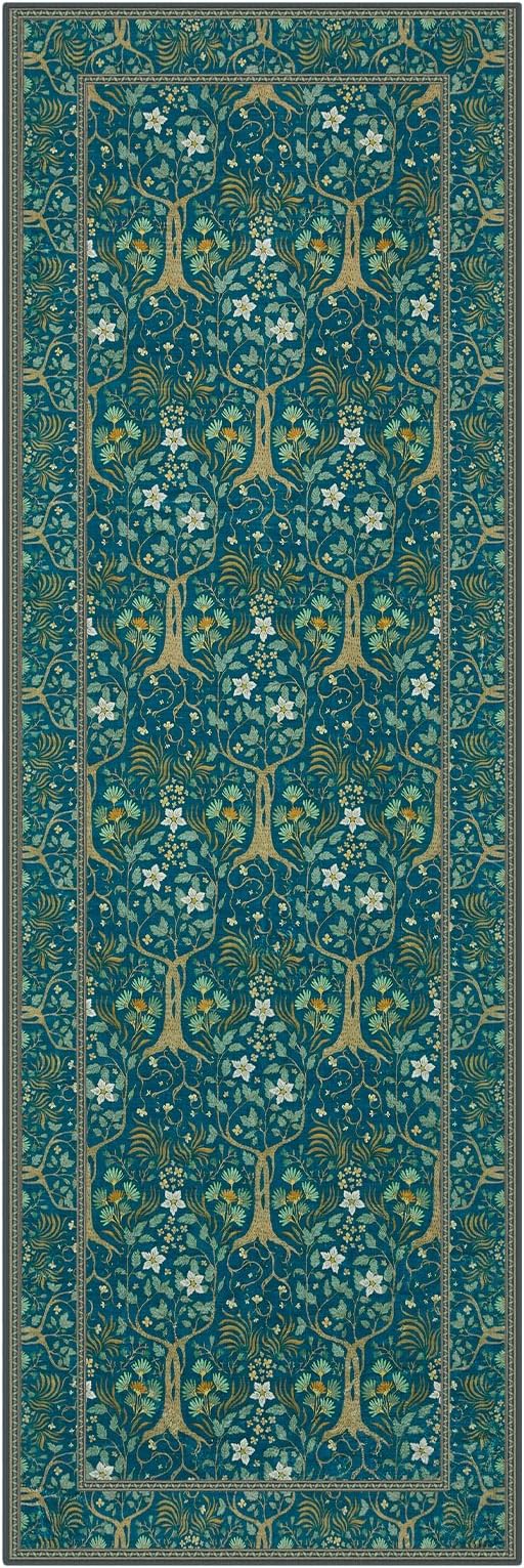 Joydeco Washable 2x6 Rug Runners for Hallways Non Slip, Boho Floral Bathroom Rug Runner, Soft Botanical Forest Indoor Floor Throw Carpet for Kitchen Laundry Room Entryway, Dark Blue-BubblyBeeBaby