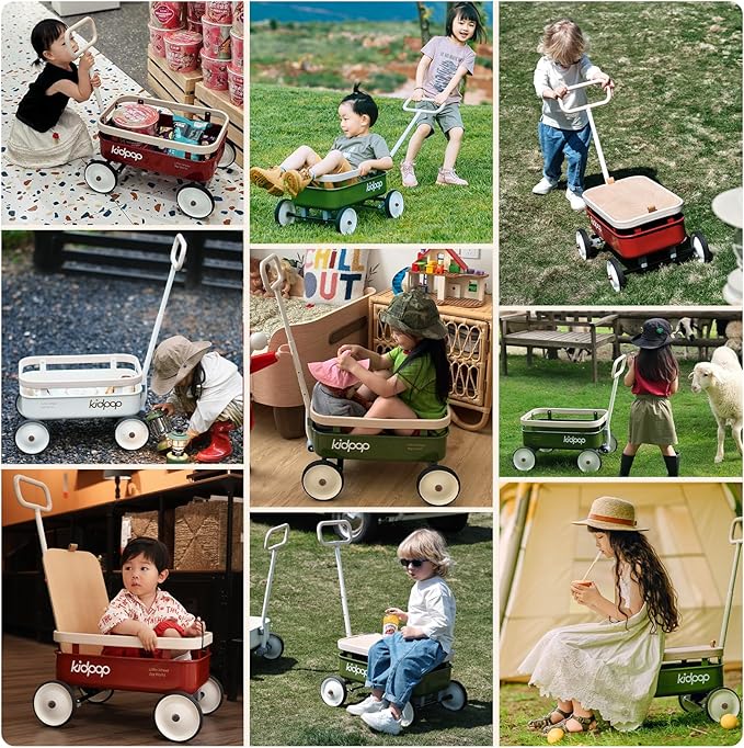 kidpop PULA-Wild 3-in-1 Kids' Pull-Along Wagon Toddlers Push Walker for 2.5-8, Removable Wooden Cover and Adjustable Handlebar, Birthday Gifts Max Weight 33 lbs (Grey)-BubblyBeeBaby
