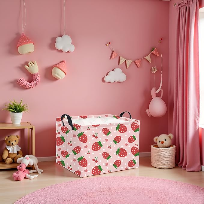 HIYAGON Rectangular Baby Girl Basket Kids Baby Storage Basket Toy Storage Bin Organizer Box Room Decor(Strawberry)-BubblyBeeBaby