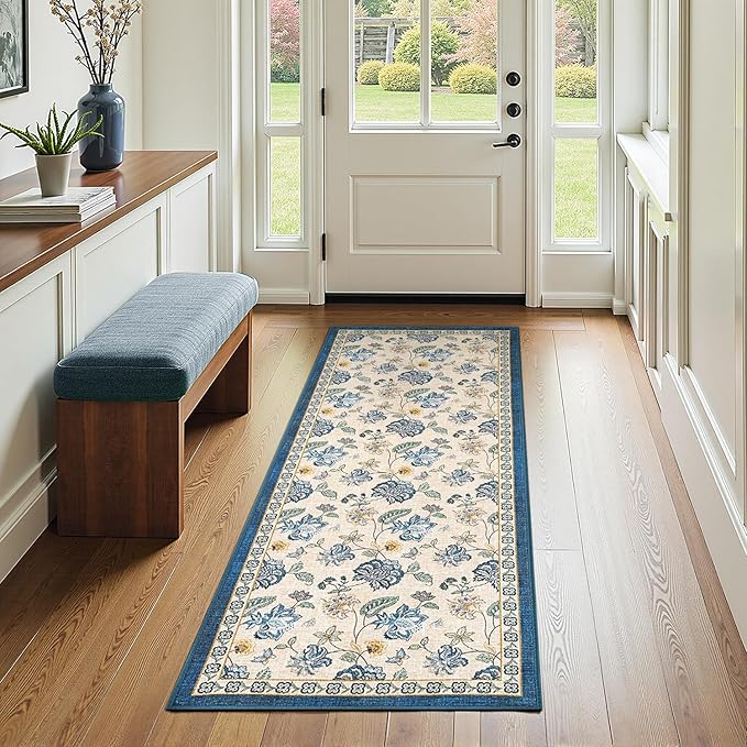 jinchan 2x5 Floral Runner Rug for Hallway Washable Kitchen Runner Vintage Romance Design Non Slip Thin Indoor Floor Cover Low-Profile Throw Carpet for Entryway Bathroom Bedroom Porch, Blue/Beige-BubblyBeeBaby