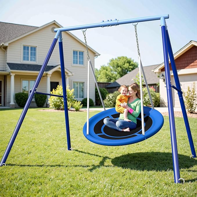 Heavy Duty 500lbs Saucer Swing Set - Outdoor Metal Frame Playground Equipment for Backyard, Includes 45'' Tree Swing & Adjustable Steel Stand - Kids/Toddlers Age 3-12-BubblyBeeBaby