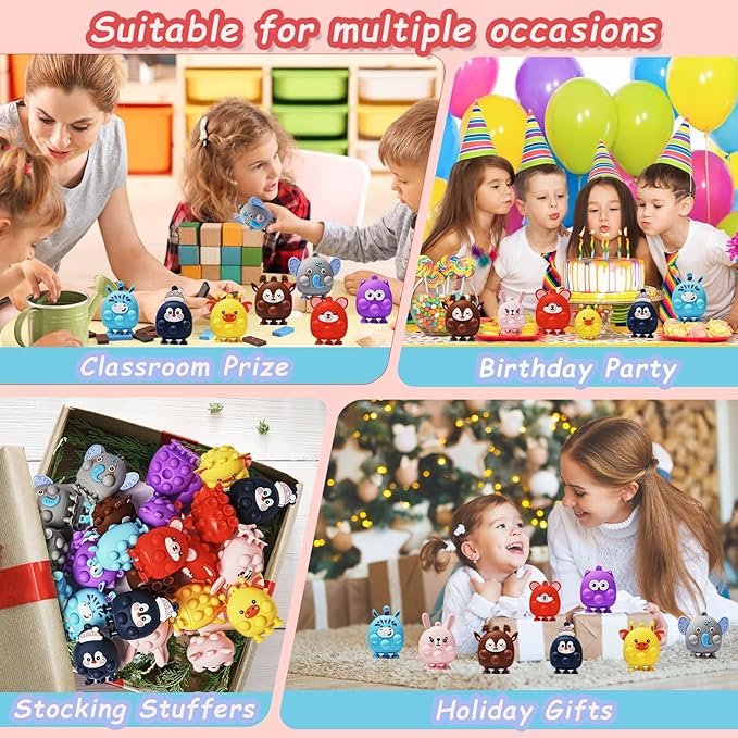24 Pcs Party Favors for Kids, 3D Animal Pop Fidget Toys Bulk, Sensory Bath Suction Toys for Toddlers, Carnival Treasure Classroom Prizes Box Toys, Fidget Stocking Stuffers Birthday Party Gifts-BubblyBeeBaby