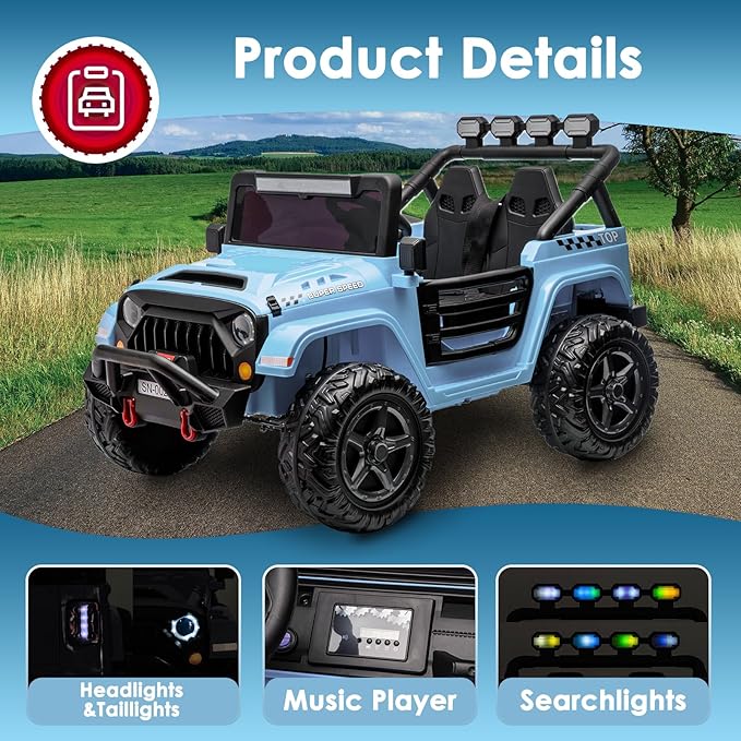 24V 2 Seater Ride On Truck with Remote Control 4WD Electric Car for Kids Ride On Car Battery Powered Ride On Toy Car with Music Player, LED Lights, Bluetooth, Rear Shock Absorber, Gray Blue-BubblyBeeBaby