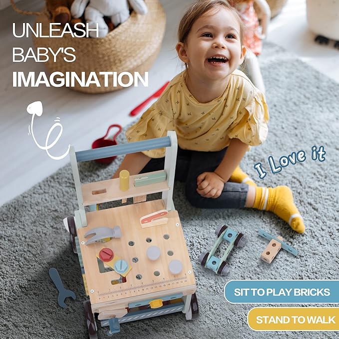 2-in-1 Baby Push Walker - Wooden Push Walker and Tool Toy for Babies - Toddler Learning Activity Walker for Girls Boys 1-3 Years - Educational and Sturdy Construction-BubblyBeeBaby