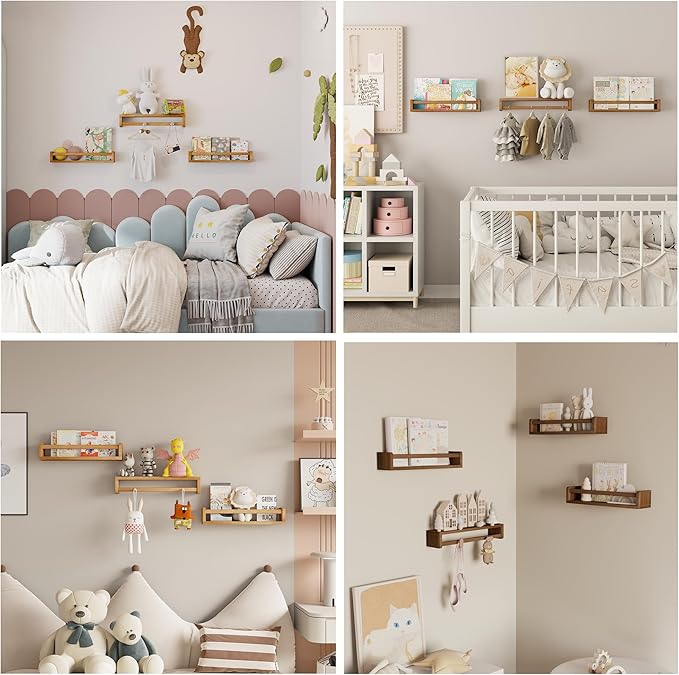 Heimlove Nursery Floating Shelves, Nursery Book Shelves for Wall, 16 inch Wall Bookshelf for Kids Solid Wood Wall Mounted Shelves for Books,Toys and Decor Storage, Set of 2-BubblyBeeBaby