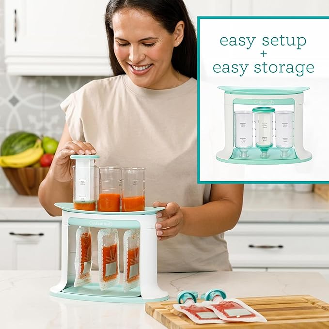 Infantino Squeeze Station, Baby Food Maker & Pouch Filler, Fill 3 Reusable Pouches at Once, Easy to Use, Dishwasher Safe, Homemade Baby Food Prep Essential, Teal-BubblyBeeBaby