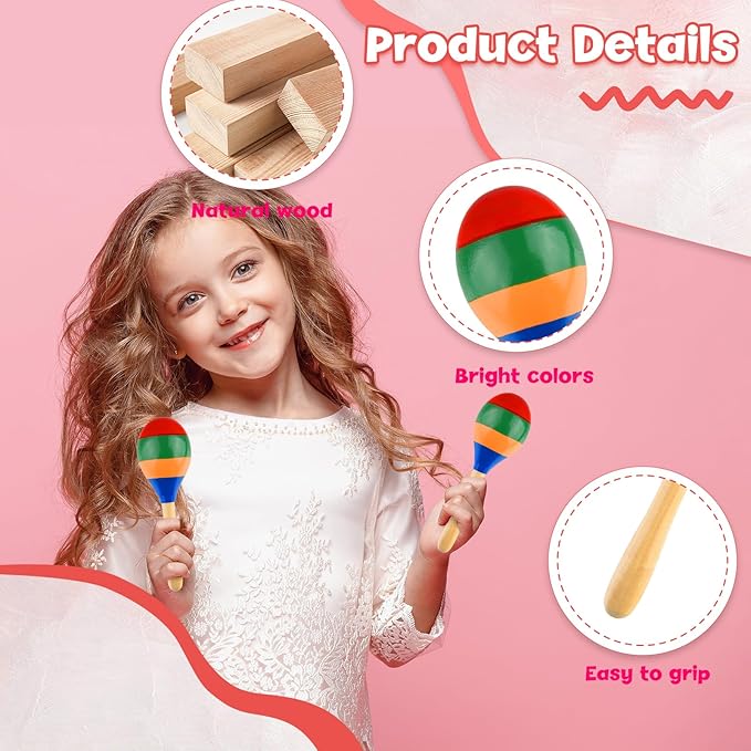 2 Pcs Maracas Hand Percussion Rattles, PLULON Colorful Wooden Maracas Rumba Shakers Rattle Latin Musical Instrument for Kids Adults Game Playing, Mexican Fiesta Cinco De Mayo Party Favors Supplies-BubblyBeeBaby