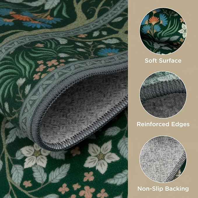 Joydeco Floral 5x7 Area Rugs for Living Room, Boho Dark Green Washable Rug Non Slip, Soft Low-Pile Botanical Forest Indoor Floor Throw Carpet for Office Dining Table Playroom Dorm-BubblyBeeBaby