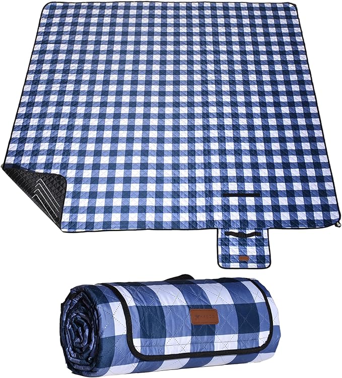 HX&OD Outdoor Picnic Blanket, Extra Large, 80''x60'' Waterproof Foldable Blankets Gingham Picnic Mat for Beach, Camping Grass Lawn Park Accessories Cute Couple Ideas Wedding (Blue, 80”x60”)-BubblyBeeBaby