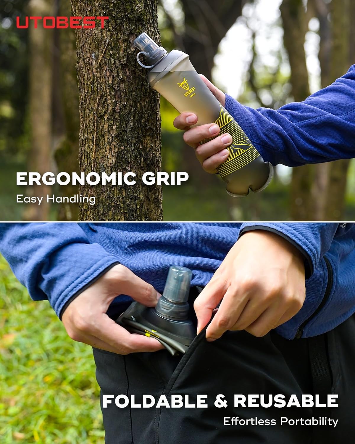 UTOBEST 500ml Soft Flask, 2 Pack Flexible TPU Hydration Water Bottle, Collapsible with 28mm Caliber for Running, Hiking, Cycling, Climbing, and Marathon Yellow