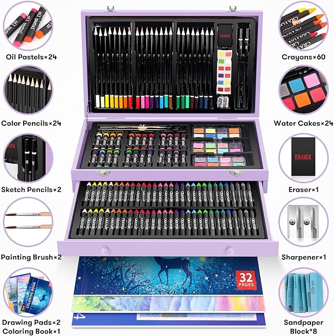 iBayam Stocking Stuffers for Kids Teens Adults, Birthday Party Art Supplies, Christmas Gifts for Teenagers, 150-Pack Wooden Art Set Crafts Drawing Painting Kit with 1 Coloring Book, 2 Sketch Pads-BubblyBeeBaby