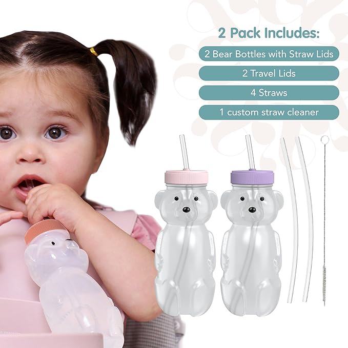 Honey Bear Straw Cup for Babies, Honey Bear Cups with Travel Lid, 2-Pack Therapy Learning HoneyBear Straw Sippy Cup for Toddlers, Cherry Blossom & Unicorn, 8 oz-BubblyBeeBaby