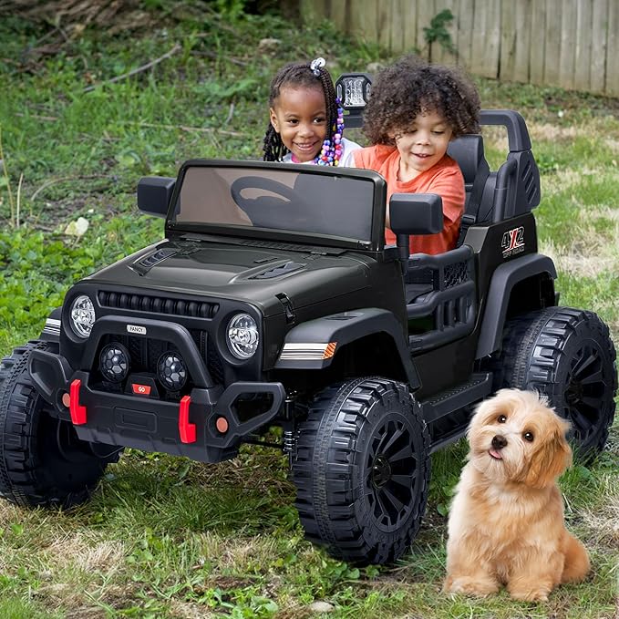 2 Seater Ride on Car Truck, 12V Kids Electric Ride on Toy for Big Kids Age 3-8 w/Remote Control- Black-BubblyBeeBaby