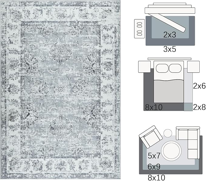 jinchan Washable Area Rug 8x10 for Living Room Soft Faux Wool Ultra-Thin Stain Resistant Non-Slip Distressed Vintage Floral Large Carpet for Bedroom,Dining Room,Home Office,Nursery(Grey, 8'x10')-BubblyBeeBaby