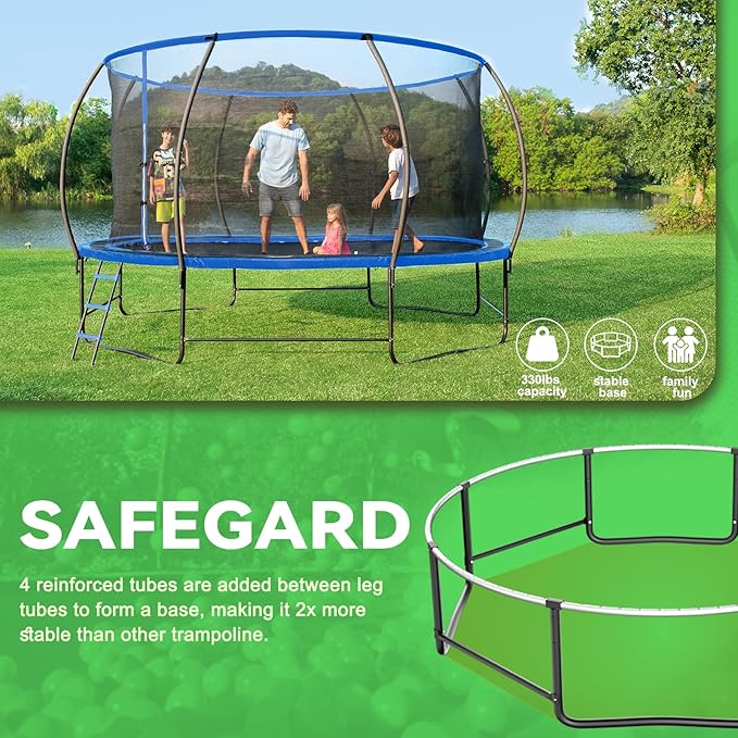 14FT 12FT 10FT 16FT Trampoline with Safety Enclosure, Anti-Rust Coating – ASTM Certified, Heavy-Duty Outdoor Trampoline with Ladder – for Kids & Adults-BubblyBeeBaby