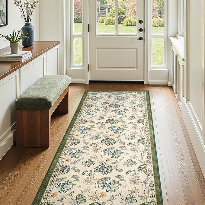 jinchan 3x8 Floral Runner Rug for Hallway Washable Kitchen Runner Vintage Romance Design Non Slip Thin Indoor Floor Cover Low-Profile Throw Carpet for Entryway Bathroom Bedroom Porch, Green/Beige-BubblyBeeBaby
