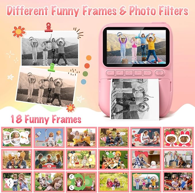 Instant Print Camera for Kids, 3.0" HD 32MP Kids Camera 1080P with 3 Rolls of Printer Paper, Birthday Gifts Toy for 3-12 Year Old Girls Boys with 32GB SD Card-Pink-BubblyBeeBaby