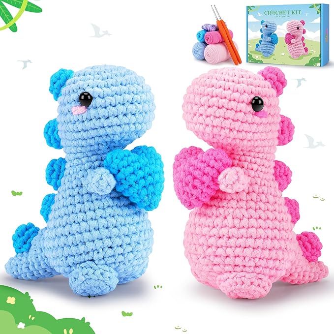 Heart Dinosaurs Crochet Kit for Beginners - 2PCS Blue and Pink Dinosaurs Crochet Kit with Step-by-Step Video Tutorials, Dinosaur Crochet Starter Kit for Adult Kid, Crochet Stuffed Animal Knitting Kit-BubblyBeeBaby