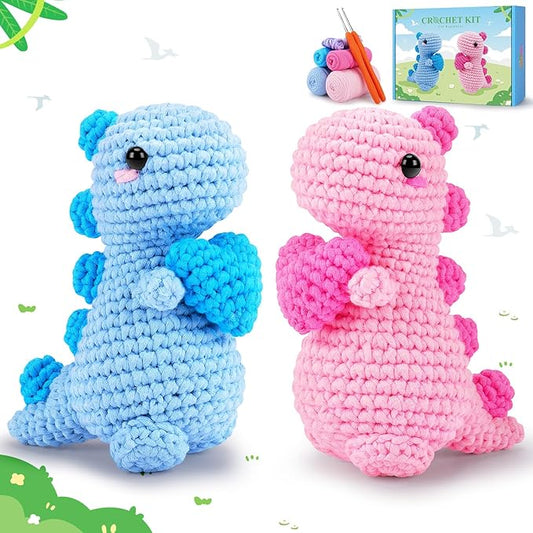 Heart Dinosaurs Crochet Kit for Beginners - 2PCS Blue and Pink Dinosaurs Crochet Kit with Step-by-Step Video Tutorials, Dinosaur Crochet Starter Kit for Adult Kid, Crochet Stuffed Animal Knitting Kit-BubblyBeeBaby