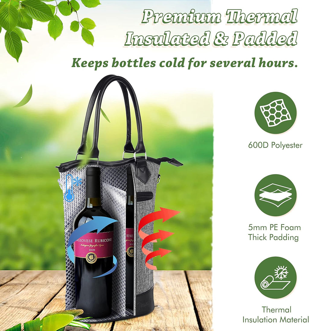 Tirrinia Insulated Wine Gift Carrier Tote - Travel Padded 2 Bottle Wine/Champagne Cooler Bag for Portable Wine Bottle Carrying Case, Women Men Event party, Gift for Wine Lovers