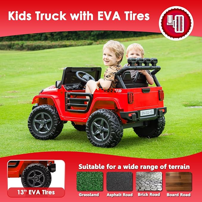 24V 2 Seater Ride On Truck with Remote Control 4WD Electric Car for Kids Ride On Car Battery Powered Ride On Toy Car with Music Player, LED Lights, Bluetooth, Rear Shock Absorber, Red-BubblyBeeBaby
