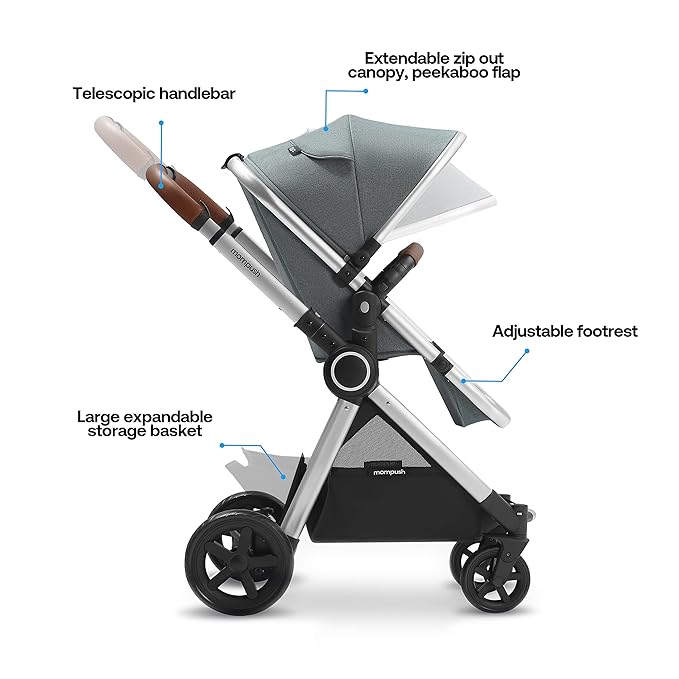 Mompush Ultimate 2 Baby Stroller for Infant and Toddler with Newborn Mode and Reversible Seat, All-Terrain Stroller with All-Wheel Suspension, Includes Car Seat Adapter and Large Storage Basket-BubblyBeeBaby