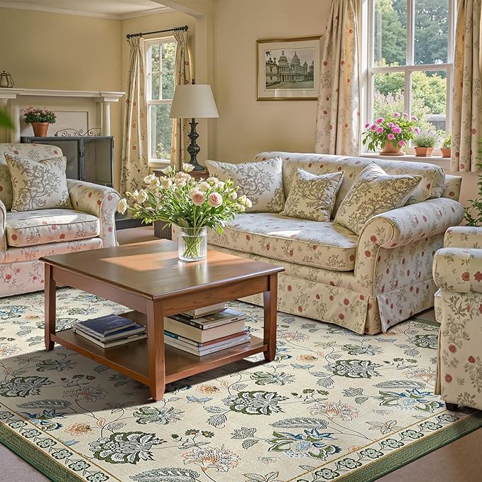 jinchan 8x10 Floral Rug for Living Room Washable Bedroom Rug Vintage Romance Design Non Slip Thin Indoor Floor Cover Large Low-Profile Throw Carpet for Dining Room Office, Green/Beige-BubblyBeeBaby