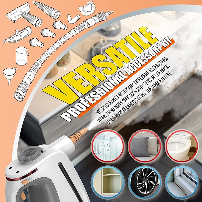 Heavy Duty Handheld Steam Cleaner for Cleaning with Lockable Steam Button&11pcs Accessories, Unlimited Water Addition for Continuous Steaming, Multi-Purpose Steamer for Cleaning Car, Grout (grey)-BubblyBeeBaby