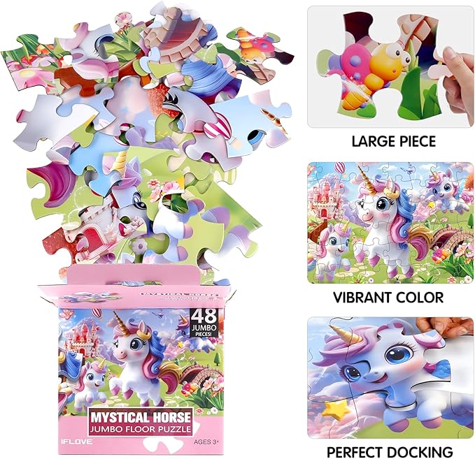 Jumbo Floor Puzzle for Kids,48 Piece Unicorn Large Jigsaw Puzzles,Puzzle for Toddler Ages 3-5,Fun Educational Preschool Learning Toy Gift for Boys & Girls Ages 4-8-BubblyBeeBaby