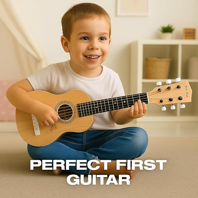 23" Acoustic Guitar, Kids 6 String Toy Guitar - Realistic Steel Strings - Beginner Practice First Musical Instrument for Children, Toddlers (Natural)-BubblyBeeBaby