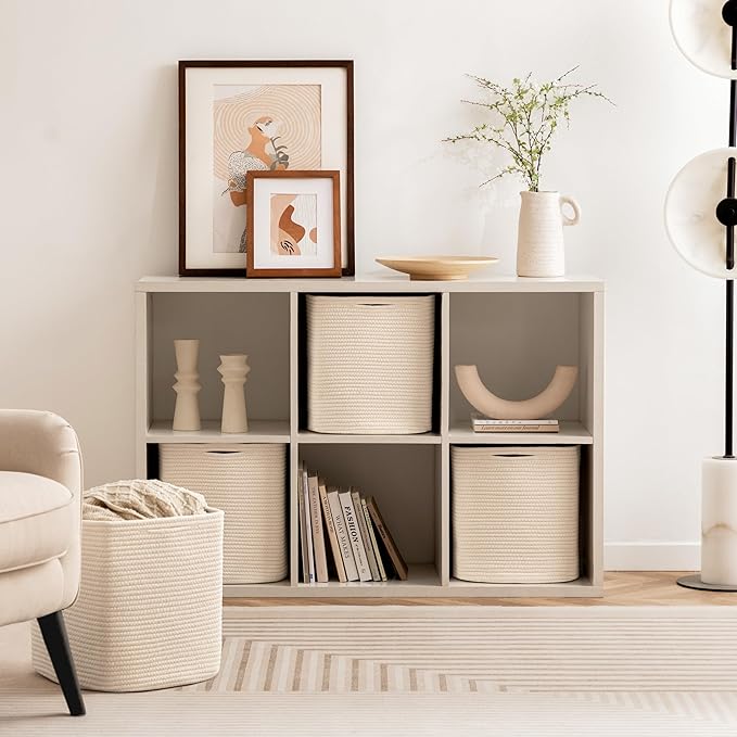 joybest Cube Storage Bins Set of 4, 13inch Cube Baskets Organizer for Nursery, Square Cotton Rope Baskets for Shelves Organizing, Kids Toy, Closet Storage, Beige-BubblyBeeBaby