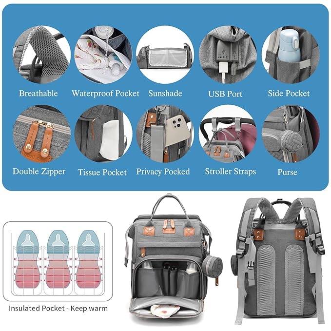 Jeryswet Baby Diaper Bags with Changing Station, Waterproof Large Capacity Diaper Bag Backpack for Moms Dads with USB Charging Port and Stroller Straps, Baby Shower Gifts, Grey-BubblyBeeBaby