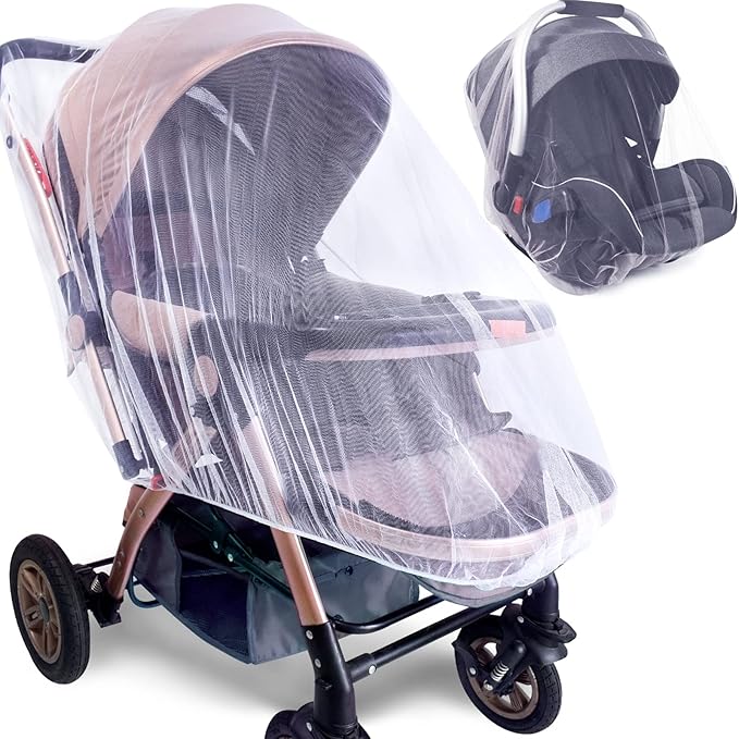 Durable Baby Stroller Mosquito Net (2 Pack) - Universal Elastic Edge Mesh Cover for Bassinets, Cradles, Playards, Car Seats & Mini Cribs | Breathable Travel Essential Newborn Protection (White)-BubblyBeeBaby
