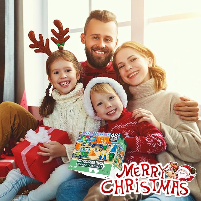 Jumbo Floor Puzzle for Kids,Recycling Garbage Truck Jigsaw Large Puzzles,48 Piece Trash Truck Vehicle Puzzle for Toddler Ages 3-5,Children Learning Preschool Educational Toys,Gift for 4-8 Years Old-BubblyBeeBaby