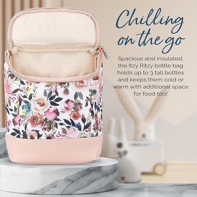 Itzy Ritzy Insulated Bottle Bag – Keeps Bottles Warm or Cool - Holds 3 Bottles & Features Interior Pocket for Ice Pack (Not Included), Blush Floral-BubblyBeeBaby