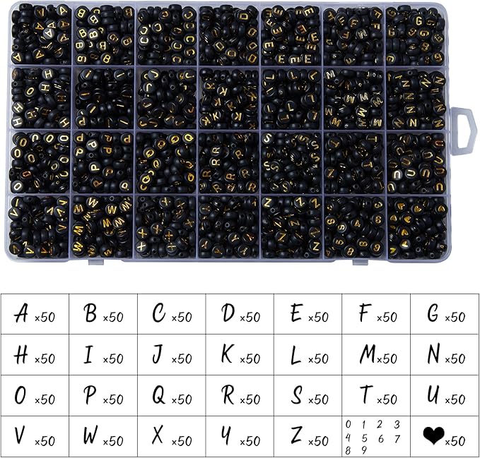 1400pcs Letter Beads, 4x7 mm Acrylic Alphabet Beads, Beads for Jewelry and Bracelet Making, in 28 Grid Box (Black and Gold)-BubblyBeeBaby