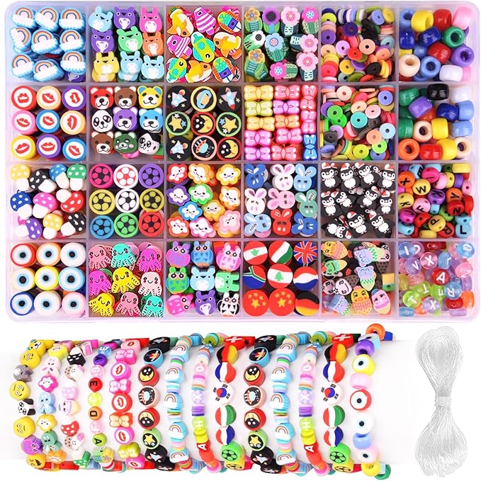 1000PCS Polymer Clay Beads Bracelet Making kit, 24 Style Cute Fun Beads Flower Animal Rainbow Eye Charms for Jewelry Necklace Earring Making DIY Accessories for Women Girls-BubblyBeeBaby