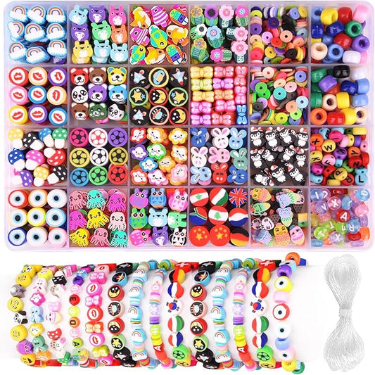 1000PCS Polymer Clay Beads Bracelet Making kit, 24 Style Cute Fun Beads Flower Animal Rainbow Eye Charms for Jewelry Necklace Earring Making DIY Accessories for Women Girls-BubblyBeeBaby