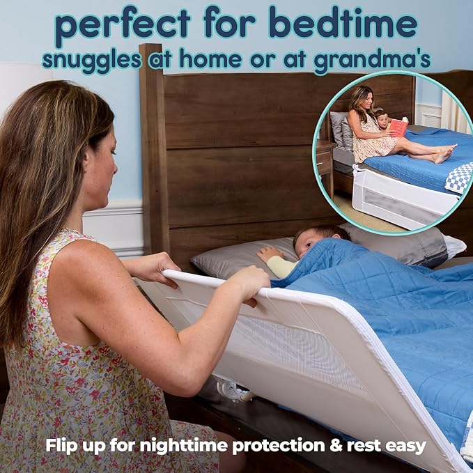 hiccapop 44" x 19" Bed Rail for Toddlers, Heavy-Duty Safety Bed Rail for Twin, Full, Queen Beds, Soft Mesh Cover & Swing-Down Design, Easy No-Tool Installation (White)-BubblyBeeBaby