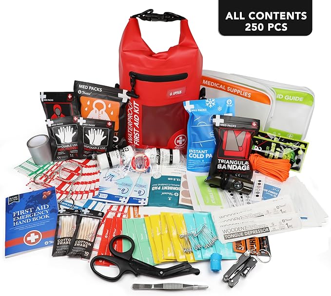 250 PCS Waterproof First Aid Kit, Roll Top Reflective Boat Dry Bag Bug Out Bags, Emergency Medical Kit Ideal for Boating, Camping, Fishing, Kayaking, Floating, Red-BubblyBeeBaby