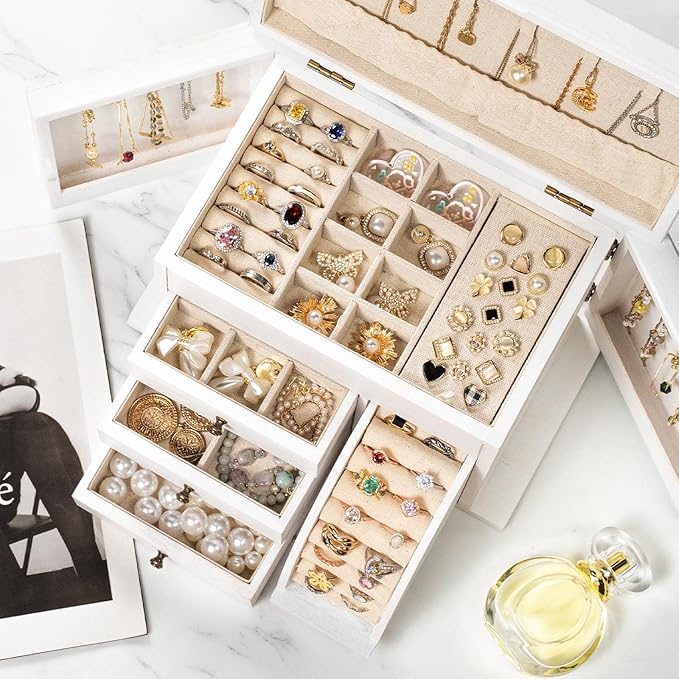 Jewelry Box Organizer, Solid Wood Jewelry Boxes for Women for Storage & Display Necklace Ring Earring Bracelet, Rustic Style Jewelry Organizer Box for Women Gifts (Weathered White)-BubblyBeeBaby