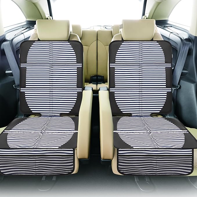 Car Seat Protector for Child Car Seat, 2 Pack Baby Car Seat Covers with Mesh Pockets & Non-Slip Backing 600D Durable Seat Protector Under Baby Car Seat for Car Back Seat (Stripe, Large)-BubblyBeeBaby