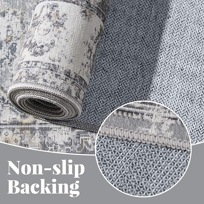 jinchan Hallway Runner Rug 3x10 Machine Washable Runner Rug Grey Vintage Floral Design Non-Slip Low Pile Ultra-Thin for Kitchen Laundry Room Bedroom Farmhouse (3‘x10',Grey)-BubblyBeeBaby