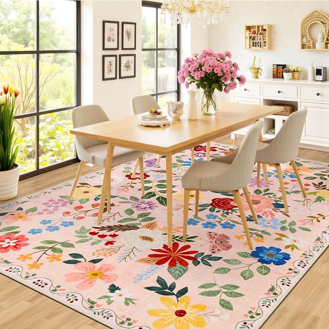 10x14 Area Rugs for Living Room: Floral Washable Rug Vintage Large Soft Boho Non-Slip Carpet Stain Resistant Low Pile Carpets for Bedroom Dining Room Farmhouse Nursery Hallway Home Office Beige-BubblyBeeBaby