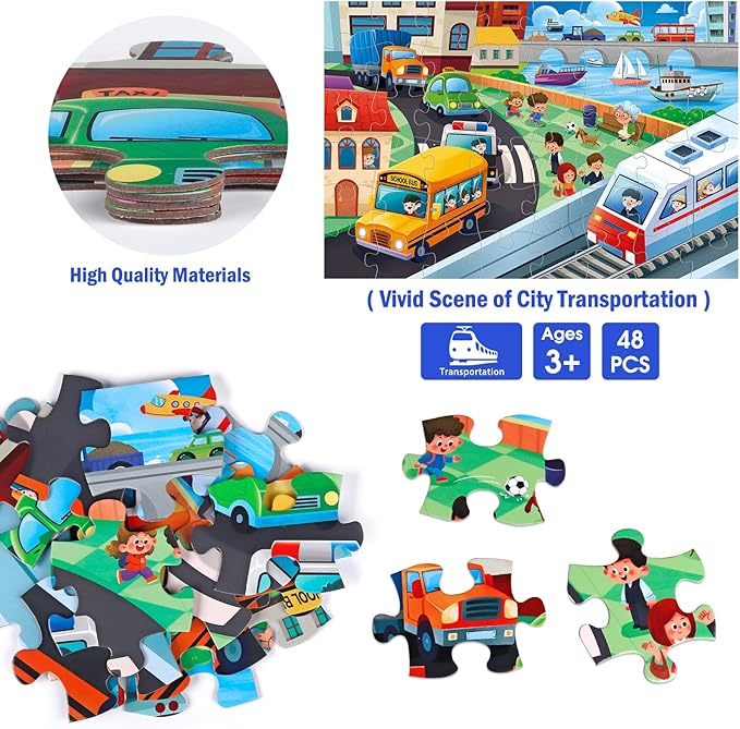 Jumbo Floor Puzzle for Kids,City Transportation Jigsaw Large Puzzles,48 Piece City Life Vehicle Puzzle for Toddler Ages 3-5,Children Learning Preschool Educational Toys,Gift for 4-8 Years Old-BubblyBeeBaby